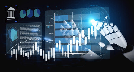 A futuristic robot hand interacts with financial data and growth charts in a dark digital space, symbolizing advancements in technology and finance management. Gantry