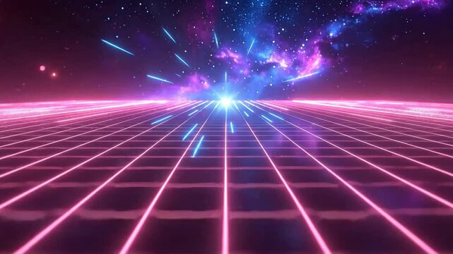 Abstract neon grid with cosmic nebula background, creating a futuristic and vibrant atmosphere.