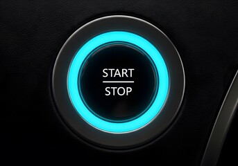 Modern automotive push engine ignition button glowing blue, close up macro detail of the vehicle start stop system, luxury transportation technology