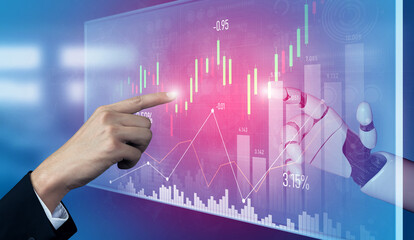 A professional hand interacts with advanced stock market data on a digital screen, showcasing vibrant growth trends, analytics, and the fusion of technology and finance. Scalp