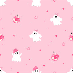 Seamless pattern with ghost in cowboy hat, horseshoe and disco ball. Howdy Halloween. Pink trendy design