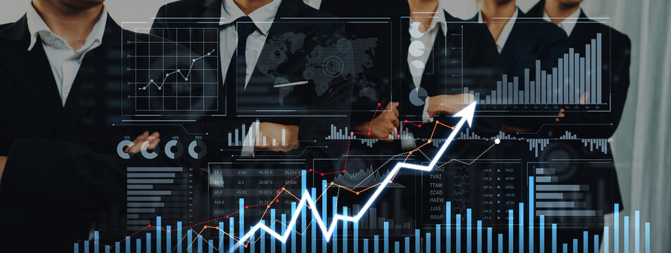 A diverse group of business professionals stands confidently in a modern office, analyzing data through various graphs and charts representing growth and success strategies. Scalp - Powered by Adobe