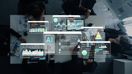 A diverse group of professionals engaged in a strategy meeting, analyzing digital charts and data to drive insights and inform business decisions in a modern office. Trope