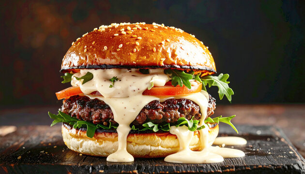 Gourmet burger with a creamy sauce, rustic background, macro. AI