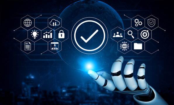 A robotic hand interacts with a glowing checkmark amidst various digital icons, symbolizing advancements in technology, automation, and security in urban settings. Gantry - Powered by Adobe