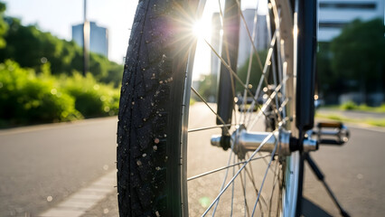 close-up of bicycle wheel on urban path, sunlight highlights, sustainable transportation concept, light blurred background