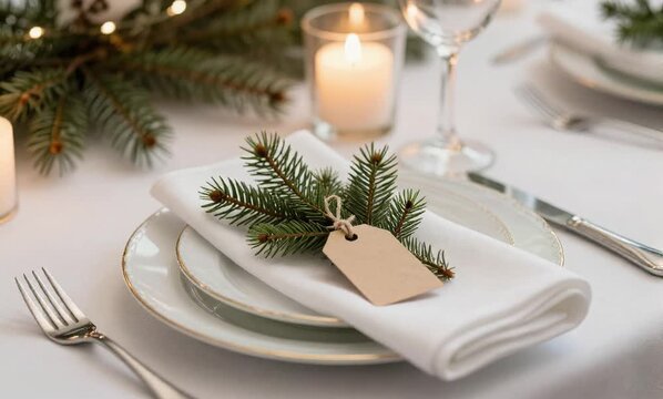 festive christmas table setting white plates silverware candles plates spoons forks knives glasses pla