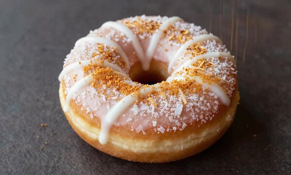 glazed donut white icing sprinkles black surface glaze light pink color sprinkles golden brown donu