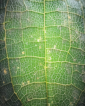 Сlose-up of green leaf veins forming a detailed natural network pattern with delicate textures and fine lines, showcasing organic complexity, nature&rsquo;s geometry, and botanical beauty in micro view