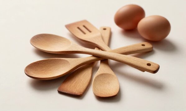 four wooden spoons three eggs white surface spoons varying sizes shapes largest spoon center two