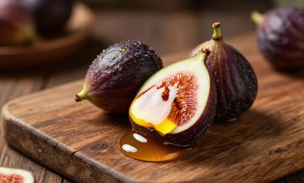 ripe figs wooden cutting board honey drizzled top background slightly blurred giving focus figs honey