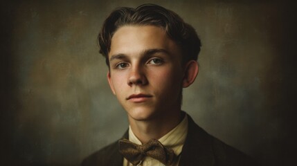Young caucasian male in vintage attire with bow tie and brown suit, serious expression.