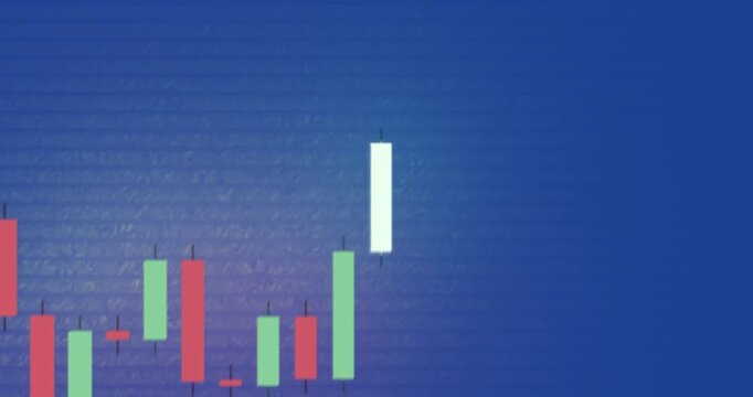 Stock market chart with vibrant candlesticks on black background. 3D scene with depth of field. Green and red candles trends on blue background.