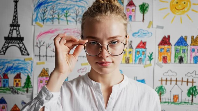A studious blonde woman adjusts her glasses while standing before a backdrop of vibrant children's sketches. Soft lighting illuminates the classroom setting during this real-time shot.