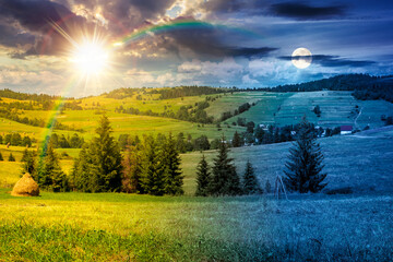 grassy rural hills in mountains. time change concept. wonderful summer countryside with sun and moon at twilight. spruce trees on the green meadow. uncertainty, trust issues and difficult relationship