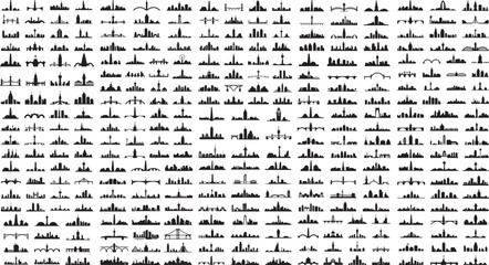 Collection of city skylines and airplanes in black silhouette on white background