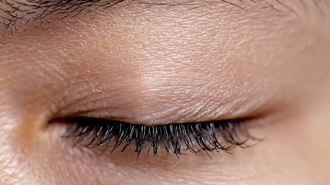 Extreme macro closeup of asian womans blue eye. Detailed view of iris and pupil with long eyelashes. Eye gazing and subtle blink in high resolution beauty detail.