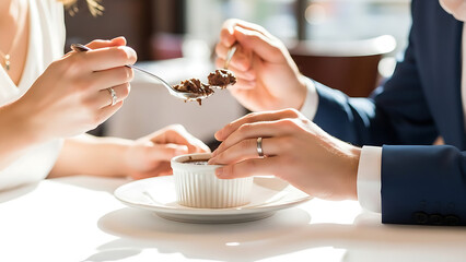 Couple sharing a chocolate cupcake at a romantic dinner