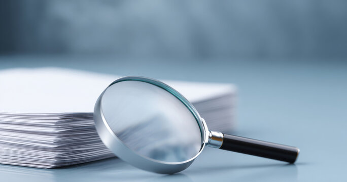 A magnifying glass is shown on a stack of papers, suggesting the act of searching through documents closely or in detail