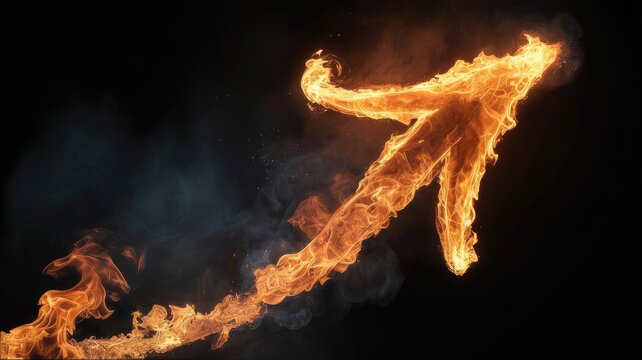 Flaming arrow pointing upwards with smoke and fire