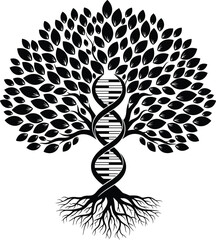 Tree of life with DNA helix trunk and roots silhouette symbol for genetics science and nature concept illustration © MstHalima