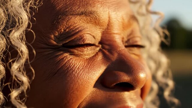 Side profile macro shot of elderly african american woman blinking. Close-up sequence of senior female face with subtle eye movement in warm light. Natural portrait expression change concept.