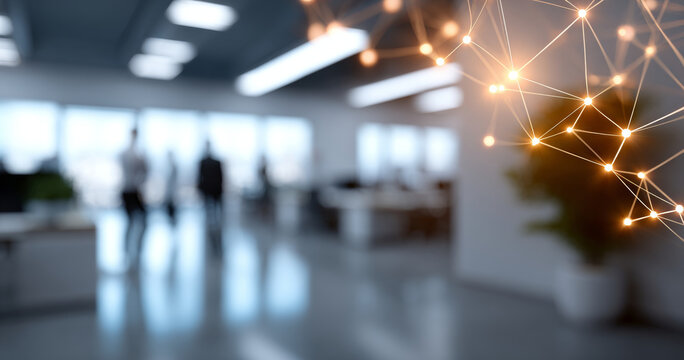 Abstract blurred interior with silhouettes of people and glowing network connection lines representing digital communication and technology