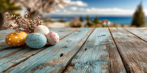 イースターエッグと春の小花　ヴィンテージ木製テーブルのコピースペース背景