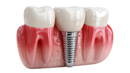 Dental implant with porcelain crown in dental model showing detailed structure and placement