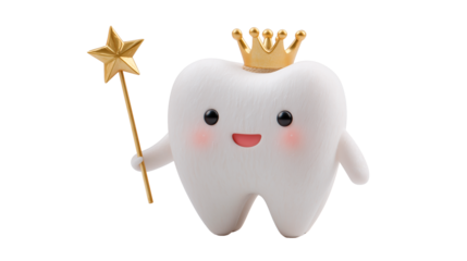 Smiling white tooth character holds wand and wears crown in a fun and playful setting