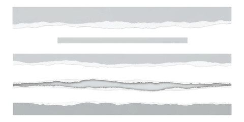 Set of gray torn paper strips with ripped edges and a single rip element, isolated on white