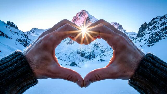 Hands forming a heart shape, sun shining through against majestic snowy mountains, symbolizing love for nature, winter holidays, and environmental protection. Perfect for travel, eco-tourism,