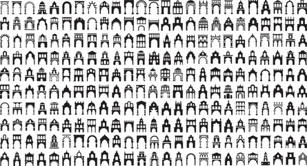 Collection of various architectural gate and archway silhouettes in different styles and designs on white background