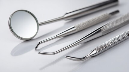 Set of stainless steel dental tools placed on a clean surface ready for use in a dental clinic