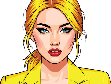 Stunning blonde woman with bold makeup wearing a bright yellow blazer portrait illustration on transparent background