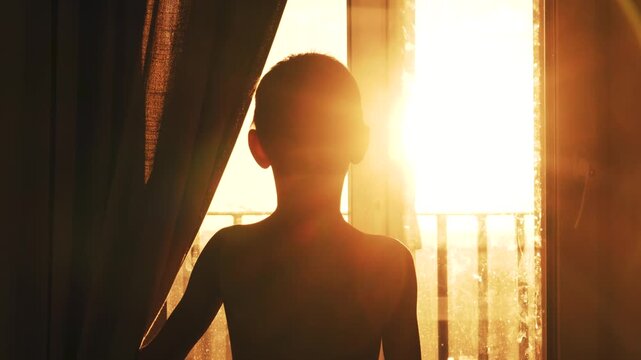 Child silhouette at sunrise by window. Pushing back curtain to watch golden rays through balcony, warm backlit glow creating nostalgic quiet mood and morning routine. Small boy start new day