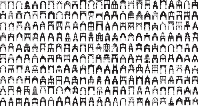 Collection of various architectural gate and archway silhouettes in different styles and designs on white background