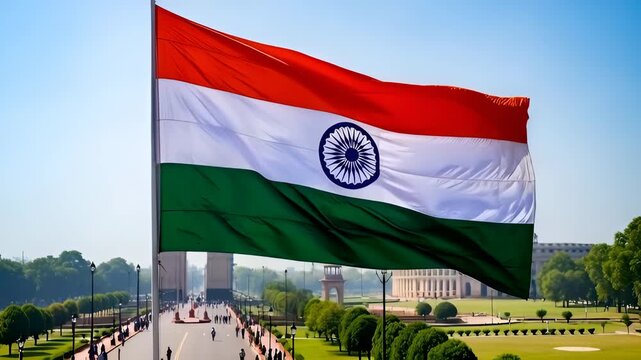 Indian national flag blowing over Parliament House and India Gate against sky. Patriotism and national pride.