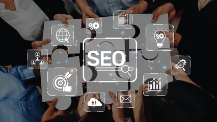 A diverse team collaborates on an SEO strategy using puzzle pieces to symbolize data and growth. This image embodies teamwork in digital marketing efforts. Raster