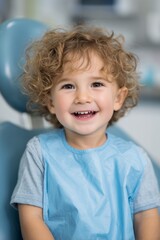 Naklejka premium Young boy with curly hair smiles while sitting in a modern dental office chair