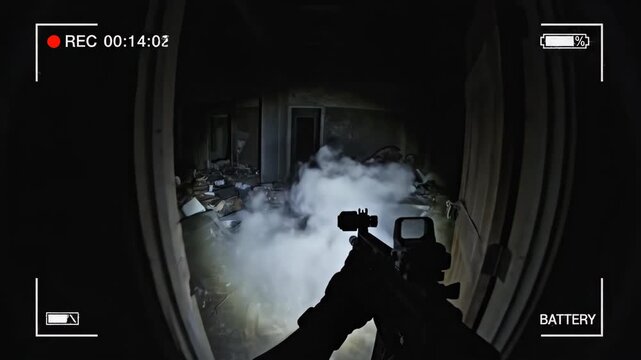 Hyperrealistic bodycam footage of tactical operator breaching door. Swat entry with smoke and rifle into debris room. Security raid training sequence.