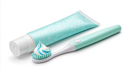 Daily dental care routine with toothbrush and toothpaste on plain background
