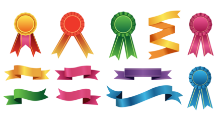Award ribbons and colorful banners set isolated on transparent background design elements
