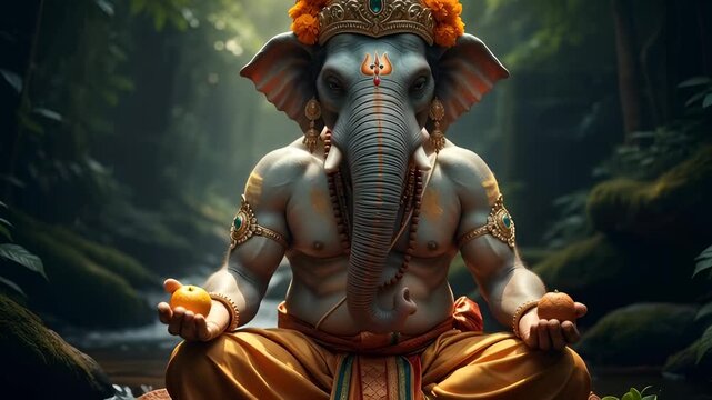 Elephant god Ganesha statue in meditation and holding object with lush green forest background, spirituality and religious art concept