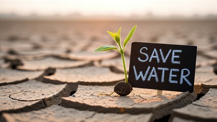 Green sprout emerging from cracked earth with a small blackboard sign stating "Save Water," symbolizing hope amidst drought and the urgent need for water conservation