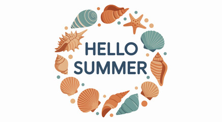 Cheerful Hello Summer greeting inside circular frame of colorful seashells and starfish on white background, perfect for seasonal design, summer posters, invitations, cards, beach themes, and holiday