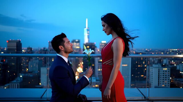 Elegant man kneels, offering flower to beautiful woman in red dress, proposing against a stunning city skyline at dusk. Ideal for romance, engagement, luxury lifestyle,