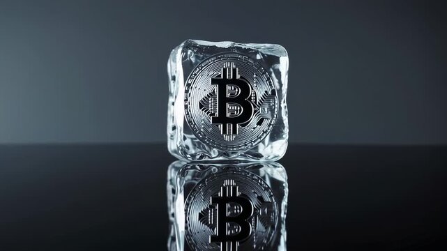 Bitcoin logo is frozen inside an ice cube, placed on a reflective dark surface, creating a chilling visual metaphor for cryptocurrency investment
