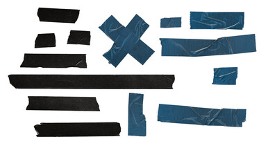 Realistic black glossy insulating tape strip set. Sticky scotch isolated on transparent background. Duct tape pieces collection. Vector illustration