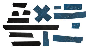 Realistic black glossy insulating tape strip set. Sticky scotch isolated on transparent background. Duct tape pieces collection. Vector illustration